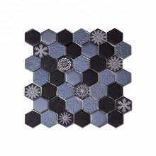 High Quality 2"  Hexagon Mosaic Backsplash in Glass Mixed with Flower Pattern Mosaic